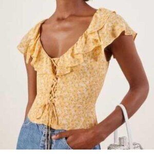 Reformation Yellow Floral Ruffle Top Size 4